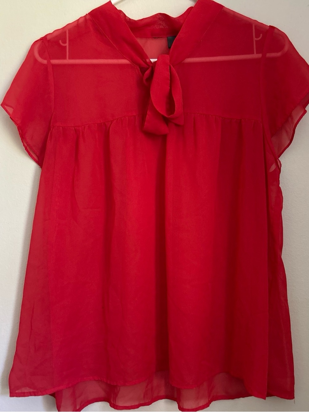 Red Sheer Tie-Neck Blouse